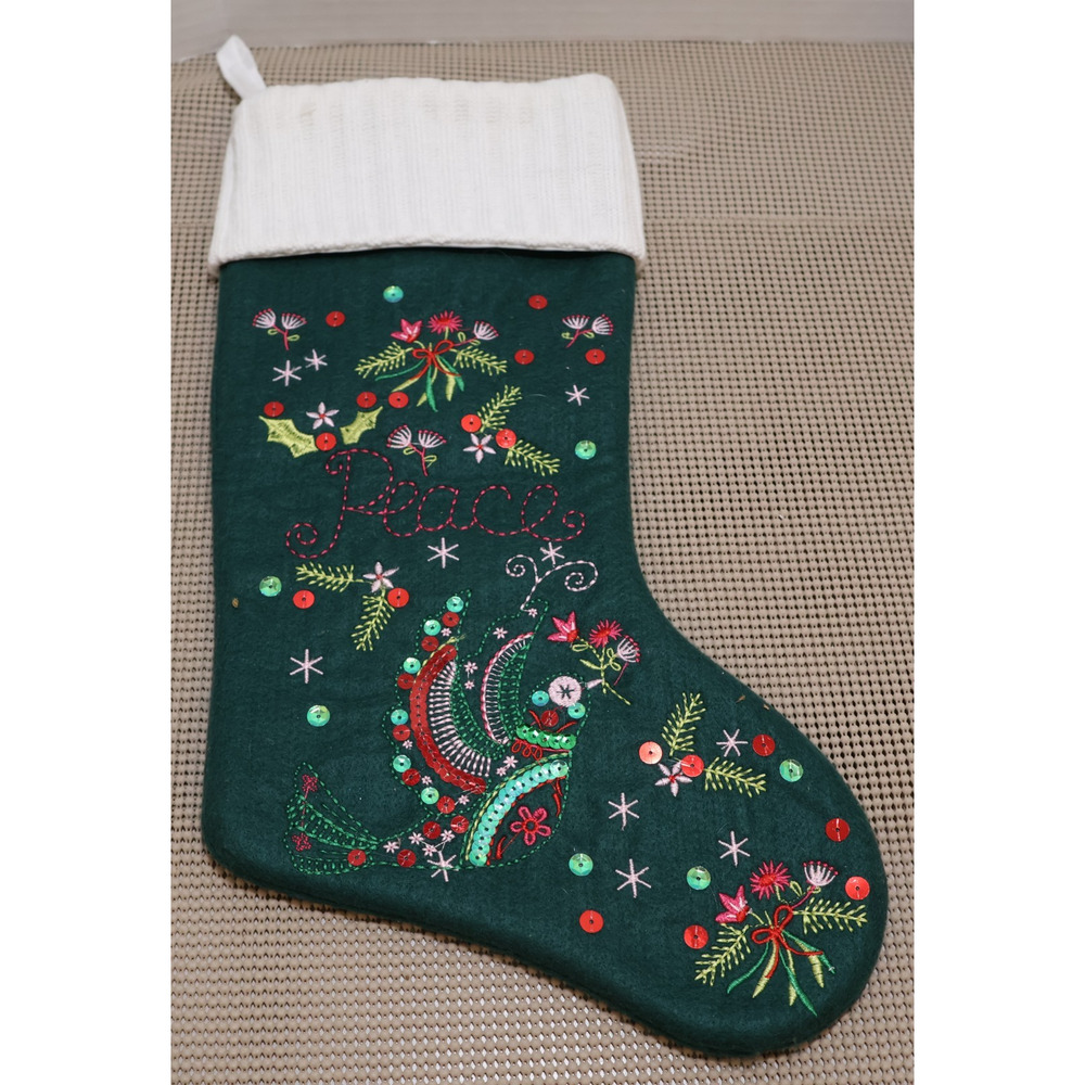 Green Stocking Prima Creations Christmas Felt Appliqué Sequins Peace Bird